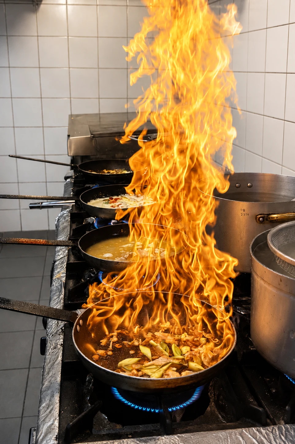 Flambé flames rising from a pan in the Pomodoro kitchen