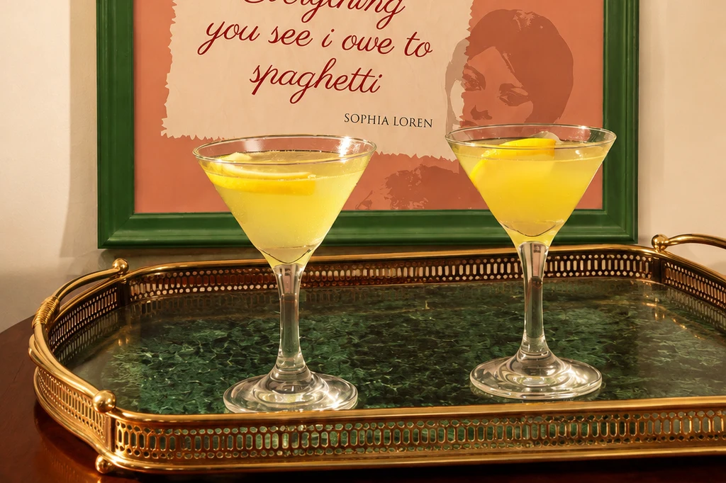 Two cocktails in front of a Sophia Loren quote about spaghetti