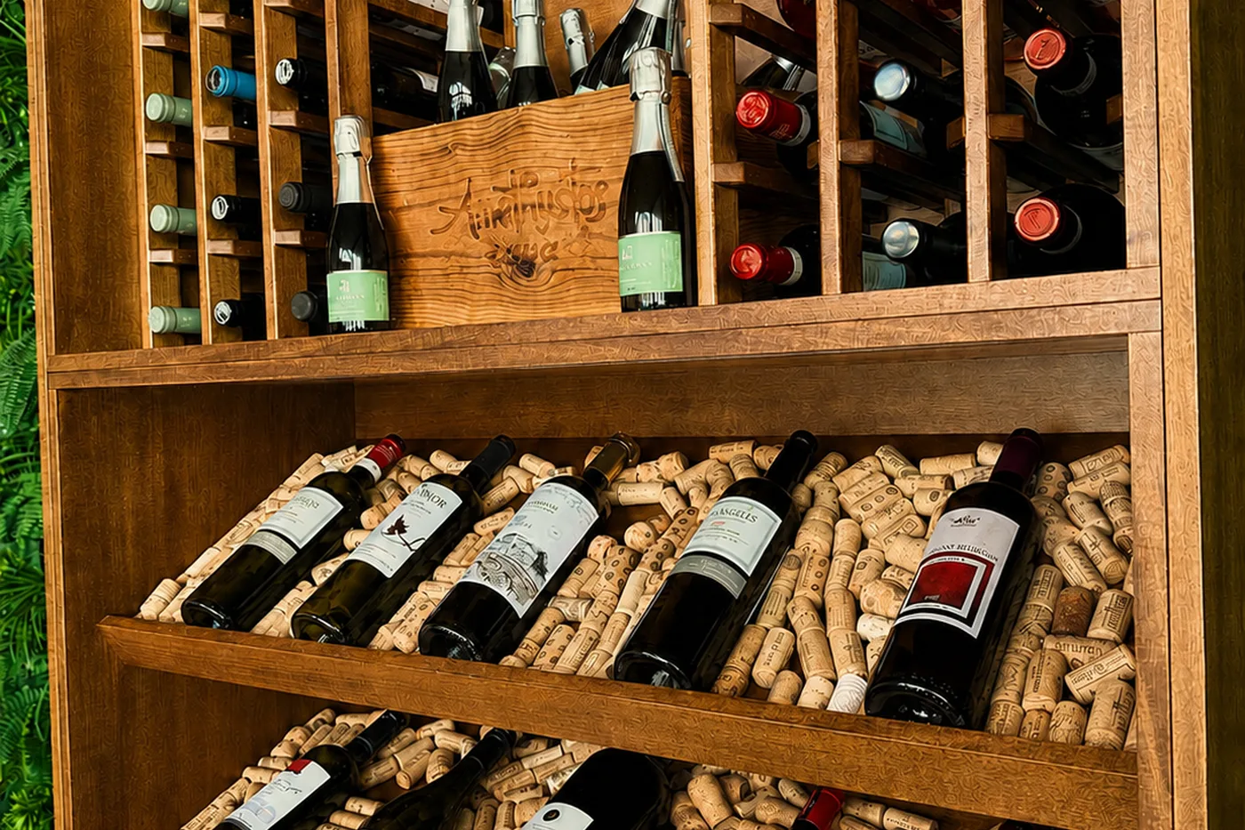 Wine bottles on wooden shelves at Pomodoro