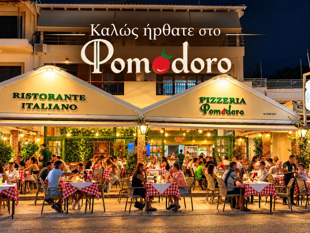 Pomodoro pizzeria at sunset, with guests dining on the terrace