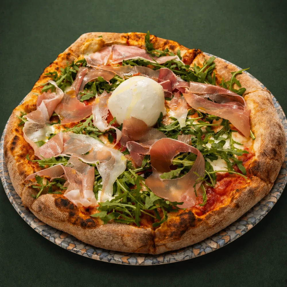 Wood-fired pizza with prosciutto, rocket and burrata